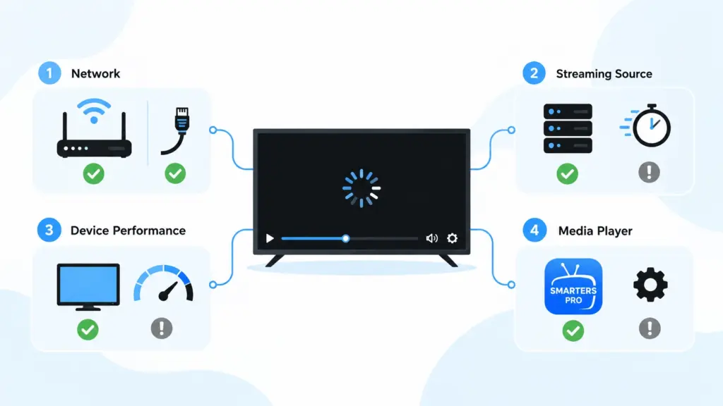 Smarters Pro buffering avec diagnostic réseau appareil source et freeze vidéo