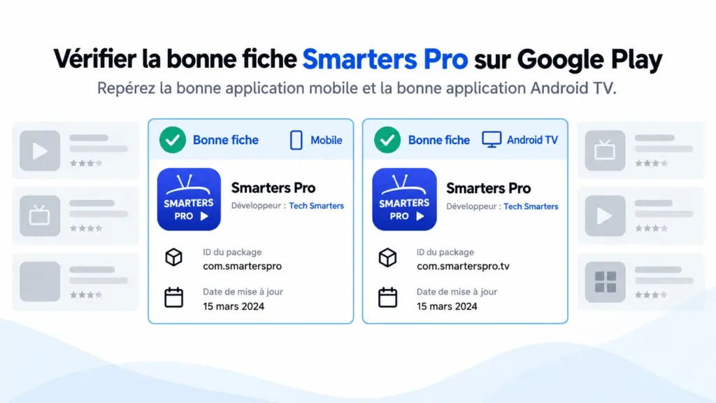 Smarters Pro Google Play avec comparaison application mobile et Android TV