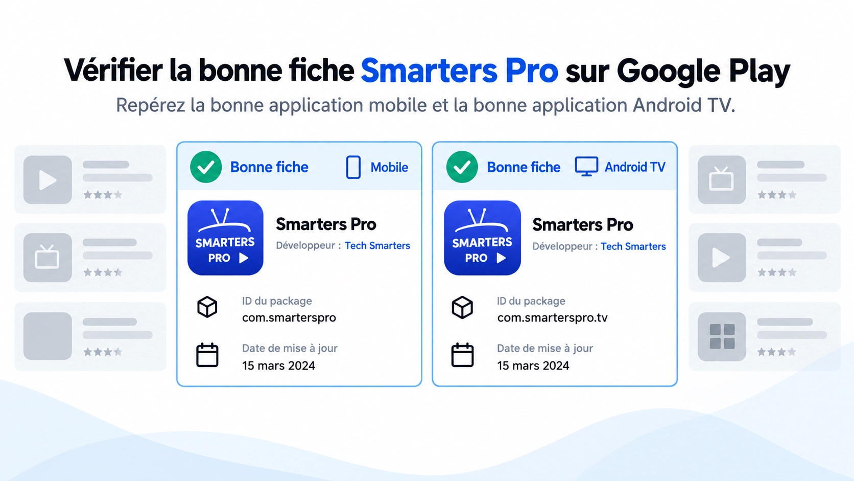 Smarters Pro Google Play avec comparaison application mobile et Android TV