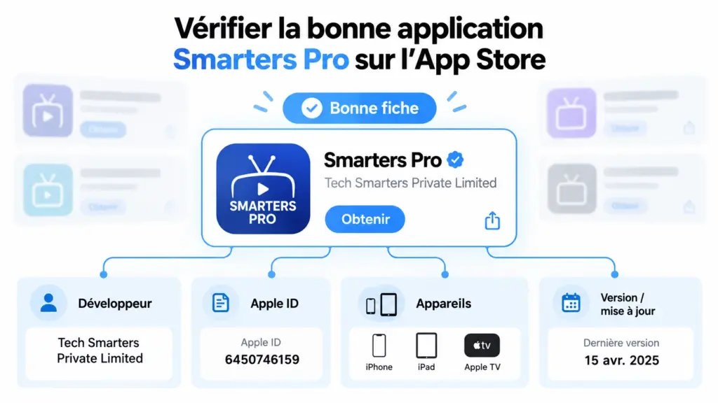 Smarters Pro App Store France avec vérification fournisseur Apple ID iPhone iPad et Apple TV