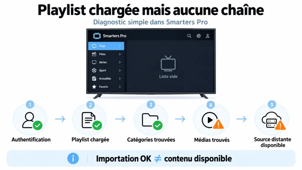 Smarters Pro aucune chaîne avec diagnostic playlist catégories éléments et source