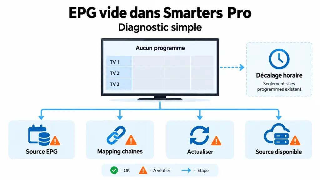 EPG vide Smarters Pro avec diagnostic données mapping actualisation source et horaires