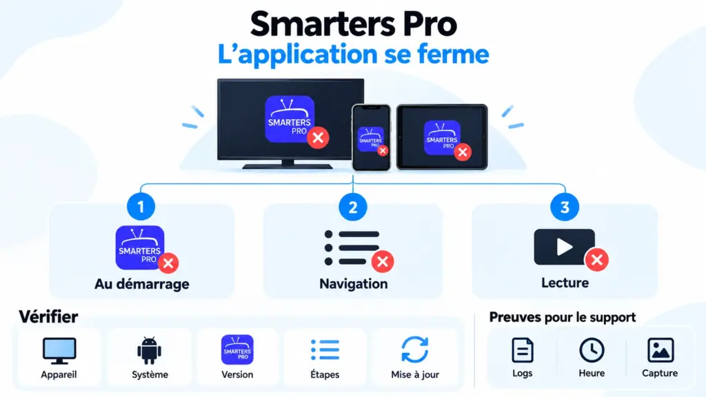 Smarters Pro plante avec diagnostic démarrage navigation lecture appareil et version