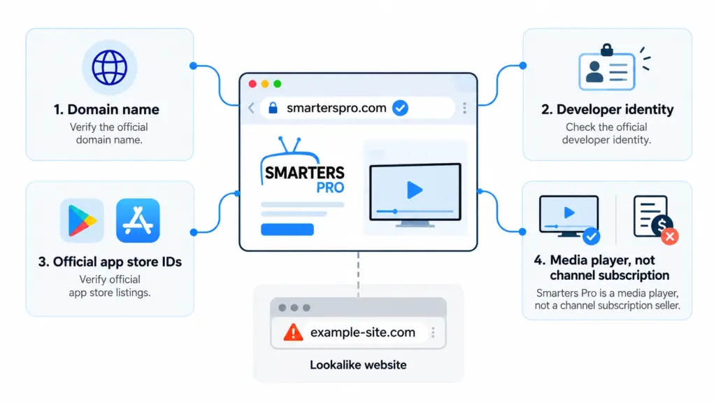 Smarters Pro official website verification infographic showing how to check the domain name, developer identity, official app store listings, and media player legitimacy.