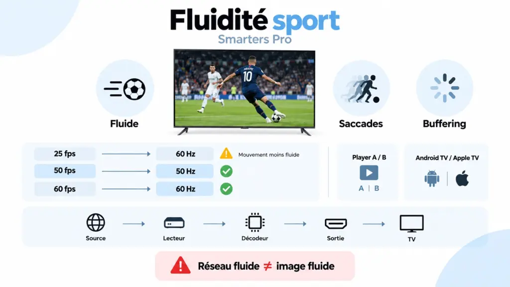 smarters pro saccade sport avec test 50 Hz 60 Hz FPS player et fluidité football