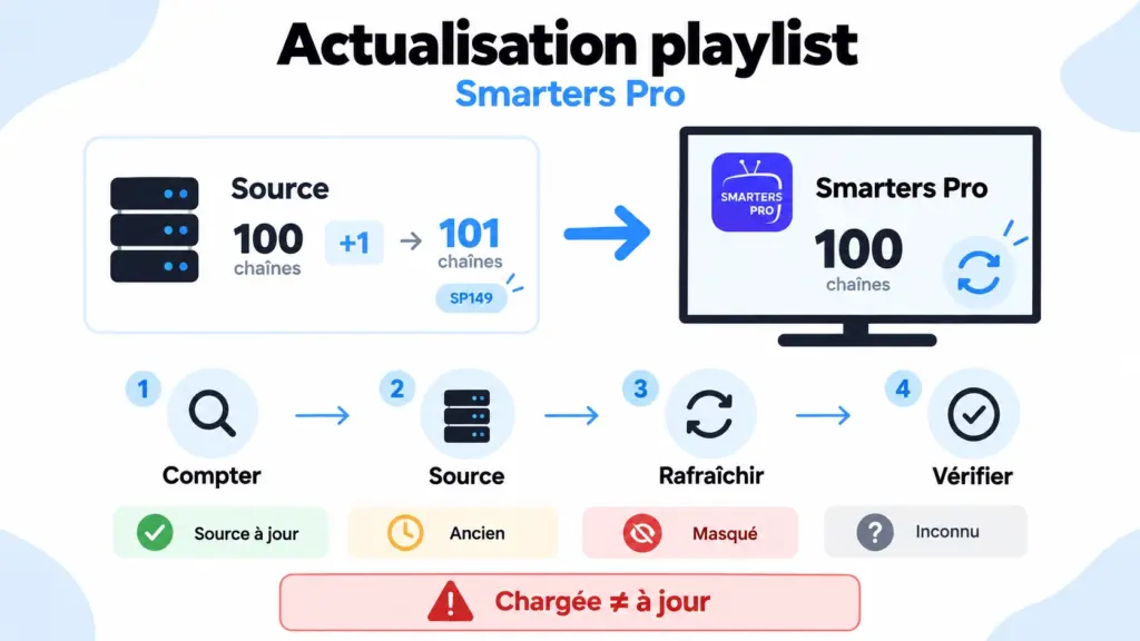 smarters pro nouvelles chaines absentes avec test actualisation playlist et compteur avant après