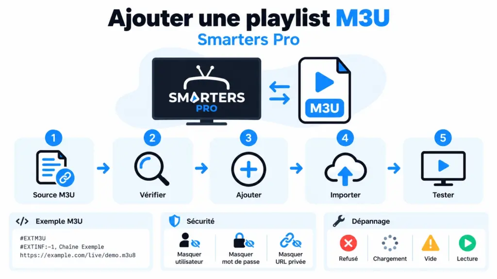 playlist M3U Smarters Pro avec import validation et vérification des médias