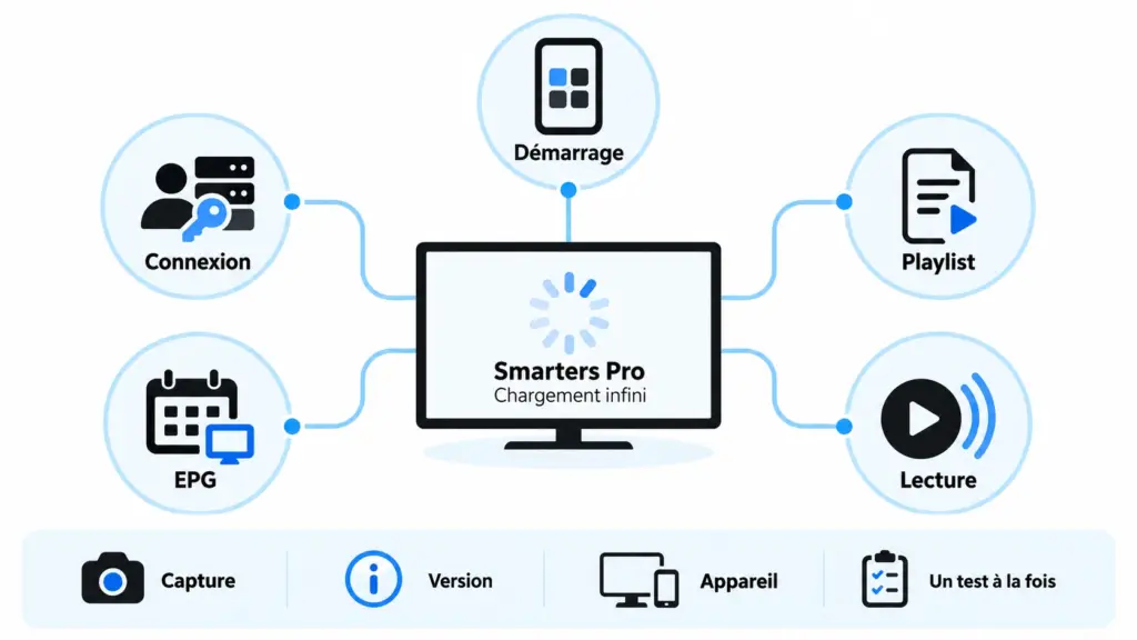 Smarters Pro chargement infini avec diagnostic ouverture connexion playlist EPG et lecture