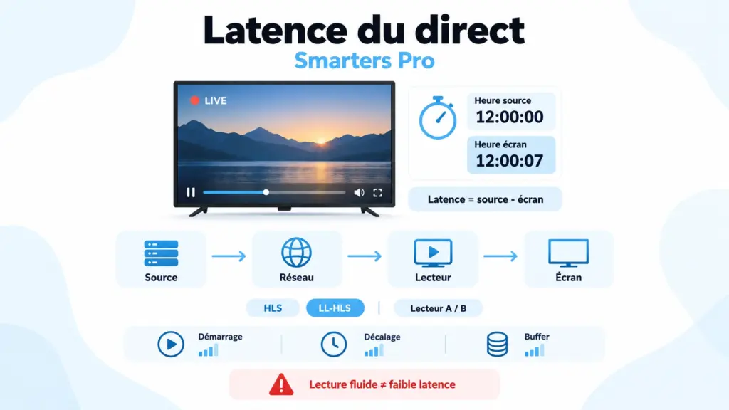 smarters pro retard direct avec mesure latence Live HLS player buffer et comparaison temps réel