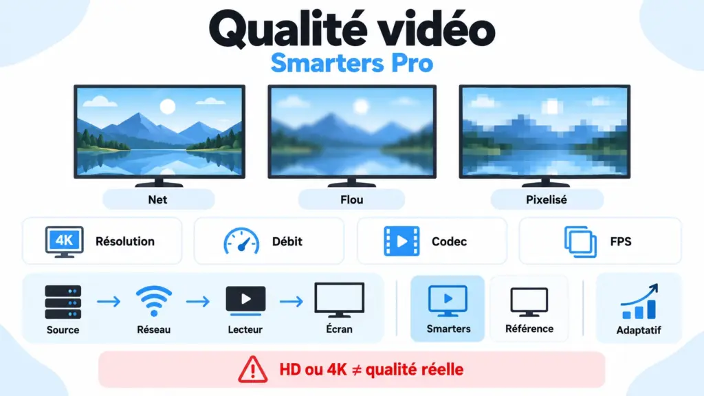 smarters pro image floue avec test résolution bitrate codec FPS et qualité vidéo
