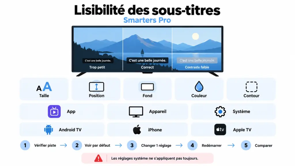 smarters pro taille sous titres avec réglage taille position fond contraste et lisibilité