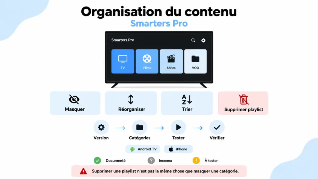 smarters pro masquer categories avec tri réorganisation et test de persistance sans supprimer les chaînes