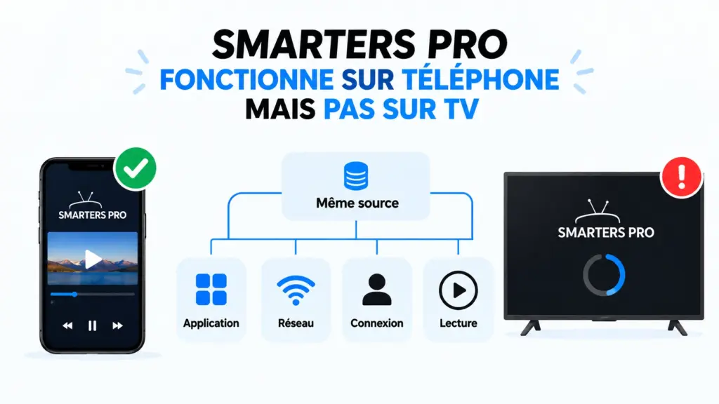 Smarters Pro téléphone fonctionne TV non avec comparaison même source téléphone et téléviseur