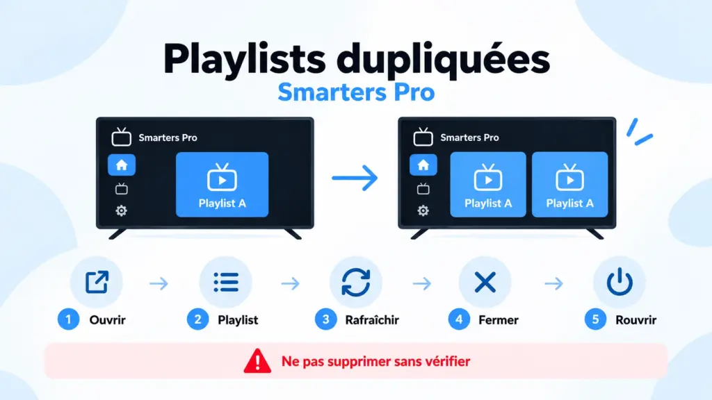 smarters pro playlist dupliquée : infographie montrant une playlist unique qui se duplique après ouverture, actualisation et relance de l’application.