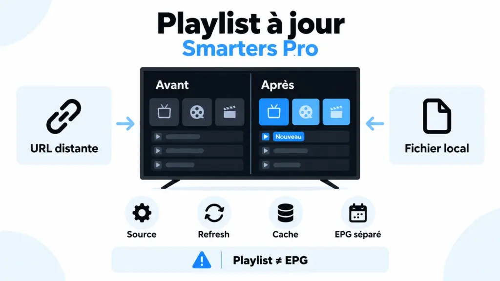 Playlist à jour Smarters Pro : infographie montrant la mise à jour d’une playlist via URL distante ou fichier local, avec refresh, cache et EPG séparé.