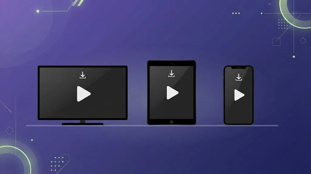 Illustration minimaliste d’une télévision, d’une tablette et d’un smartphone affichant un bouton lecture, pour le guide IPTV Smarters Pro