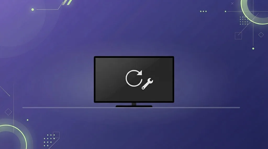 Illustration minimaliste d’une télévision avec une flèche d’actualisation et une clé à molette, pour le guide de dépannage IPTV Smarters Pro